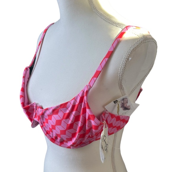 JESSICA SIMPSON women’s pink geometric shapes underwire bikini swim top sz L NWT - Picture 2 of 7